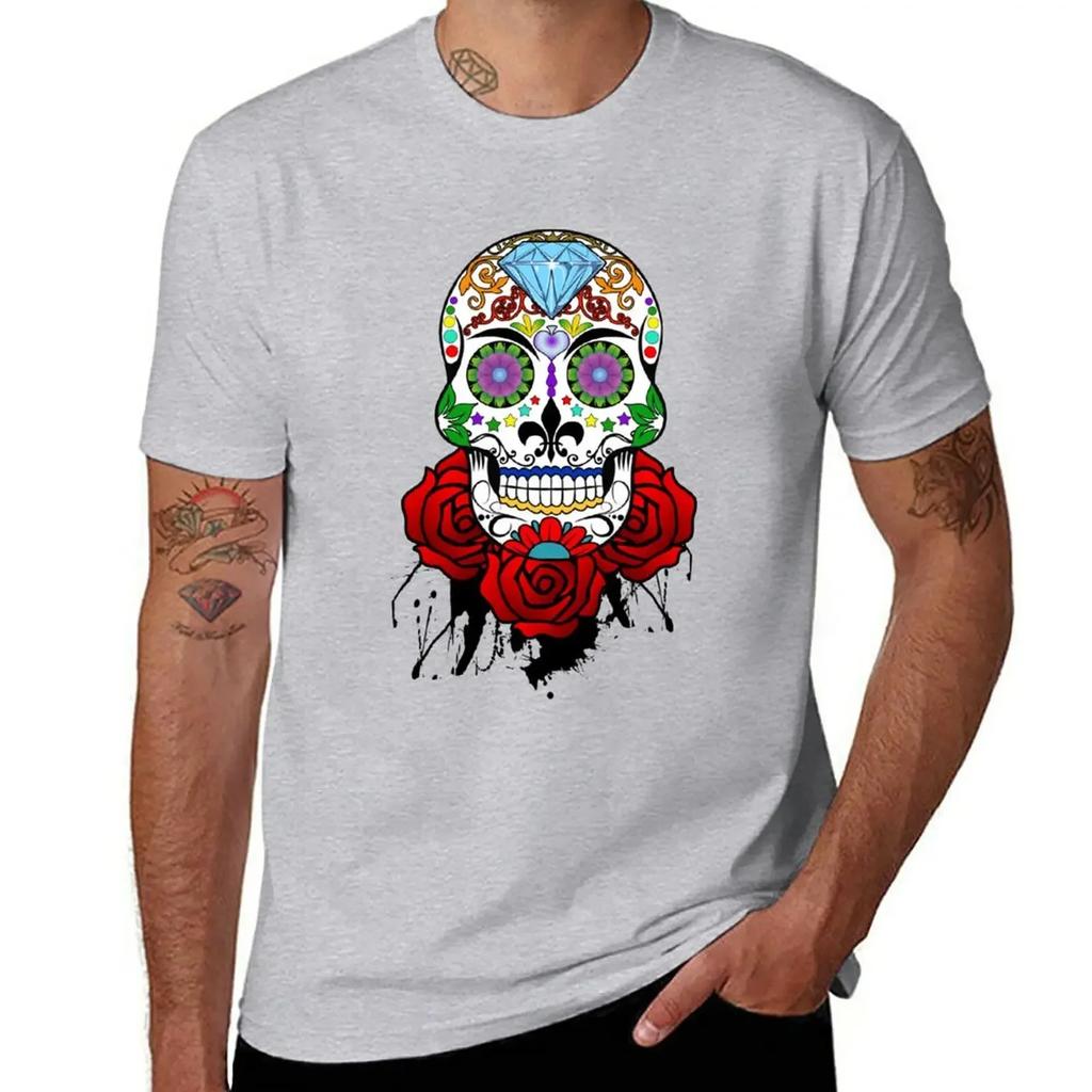 Sugar Skull and Roses T-Shirt Aesthetic Clothes Blacks Plain White T Shirts Men