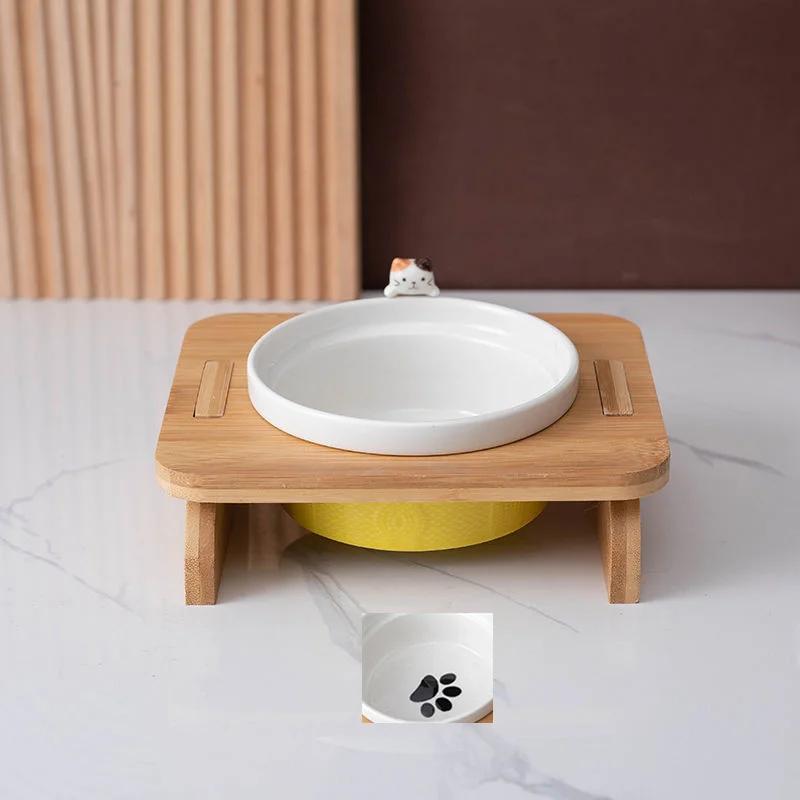 Cartoon Pets Double Bowl Dog Cat Food Water Feeder Stand Raised Ceramic Dish Bowl Wooden Table Pet Supplies Cat Bowls
