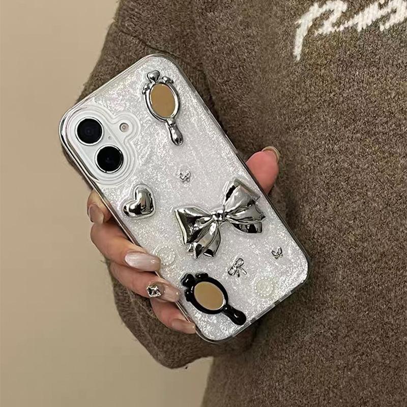 Electroplated Magic Mirror Butterfly Bow Love Phone Case for IPhone 16 Promax Drip Glue Sparkling Powder for Apple 17 Women's Edition