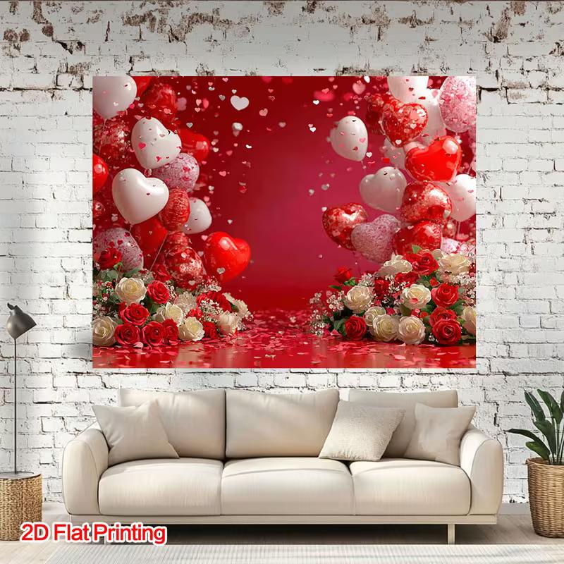2D Rotes Liebesthema mit Herzballons und Rosen Thematischer Hintergrund