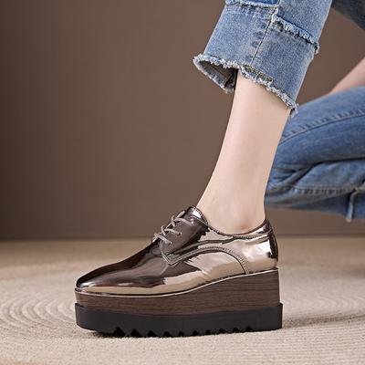 Automne 2026 Escarpins Compensés Plateforme Bout Carré Cuir Verni pour Femmes, Style Britannique Augmentant la Hauteur Polyvalents Semelle Épaisse Chaussures Décontractées en Cuir HZB‑761‑8