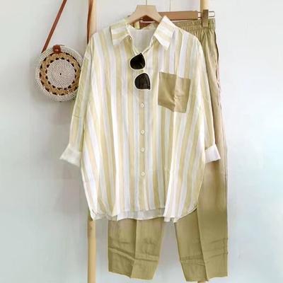 M-5XL Damenbekleidung Frühling Sommer Langarmshirt + Hose Neues gestreiftes einreihiges Revershemd + Hose mit weitem Bein 2-tlg