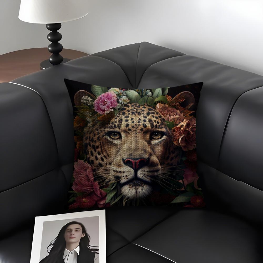 Uropean Fashion Leopard Cushion Cover Natural Linen Organic Fabric Double-Sided Printing Sofa Home Decor Gift Pillow Case