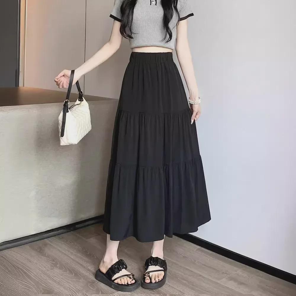 Dámská černá plisovaná sukně áčkového střihu s vysokým pasem - Jaro, Zakrývající boky, Slim fit, Dlouhá délka, Niche styl