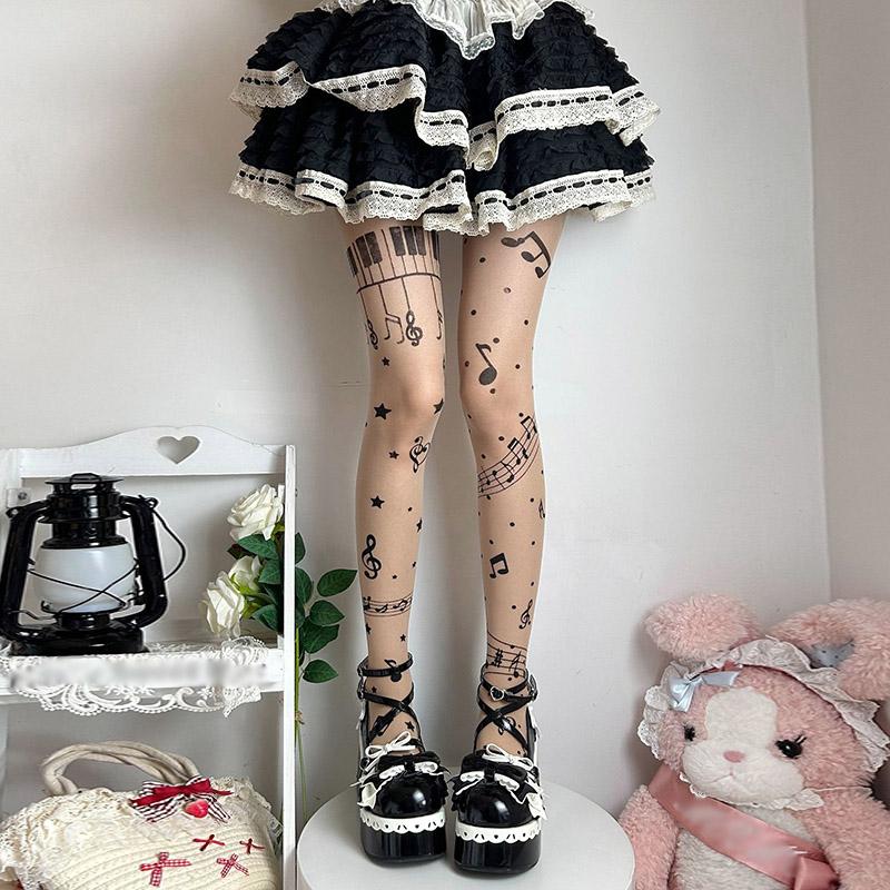 2025 New Sweet Music Notes Pantyhosen Sheer Black Tights for Women Thin Stretchy Stockings Cute Leggings Trendy Fashion Hosiery