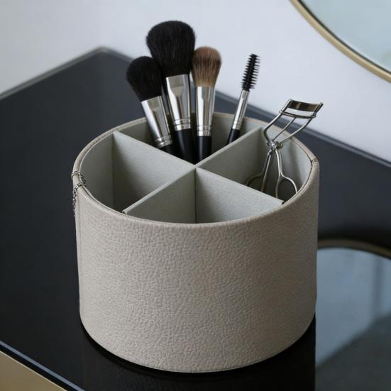 Rotating Pencil Holder Round Pen Organizer Slots Multifunctional Desk with 4 Faux Leather Accessories Organizer