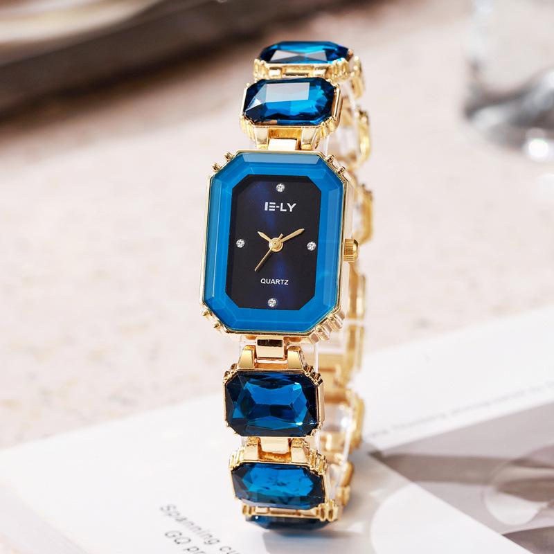 Chic Women's Colorful Gemstone Steel Band Square Watch
