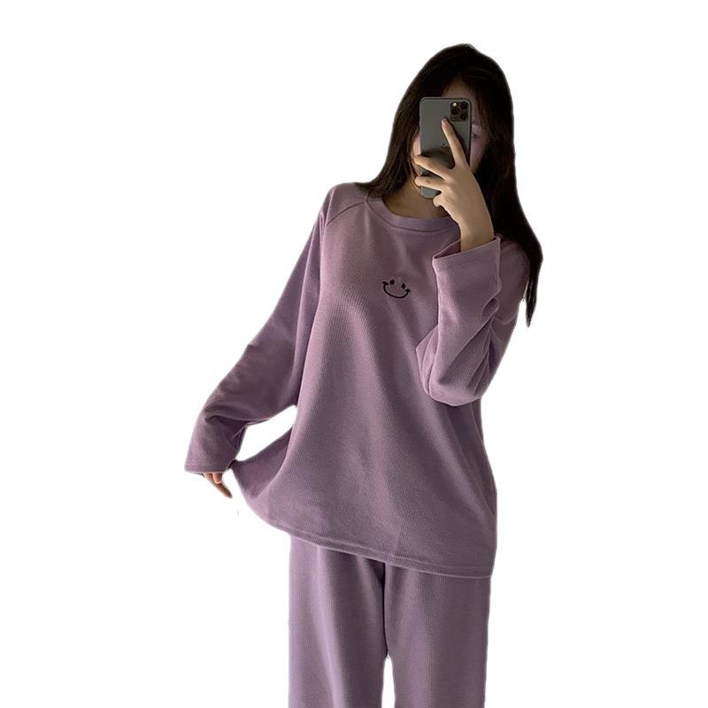 Waffle Suit Women's Spring and Autumn Smiling Face Loose Casual Leggings Two-piece Home Clothes Can Be Worn Outside