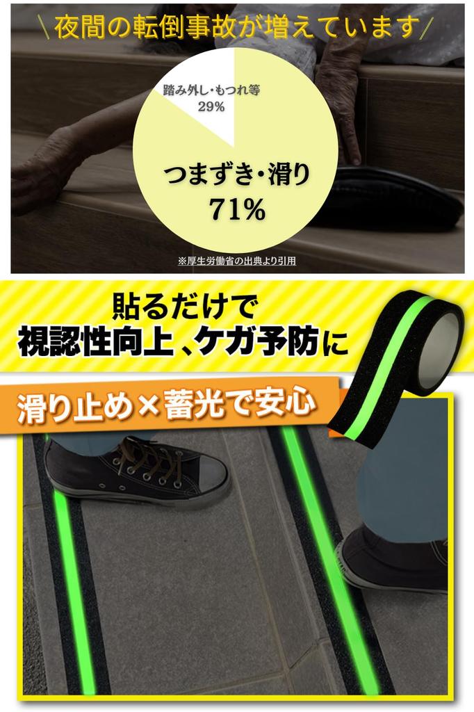 QLAXIA Tape for Outdoor Prevents 5cm Wide X 5m Fluorescent 2 Packs Glow-in-the-Dark Anti-Slip Stairs, Falls, Waterproof, Anti-Slip, Long, Line, Black,