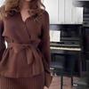 2025 Autumn European & American V-Neck Tie-Waist Short-Sleeve High-Waisted Skirt Set