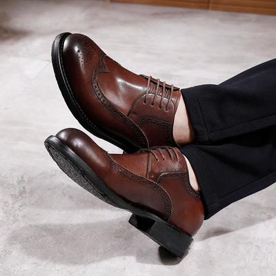 Dress Business Casual Leather Shoes Big Head Shoes Men'S Leather Retro Washed Engraved Goodyear British Wedding Shoes