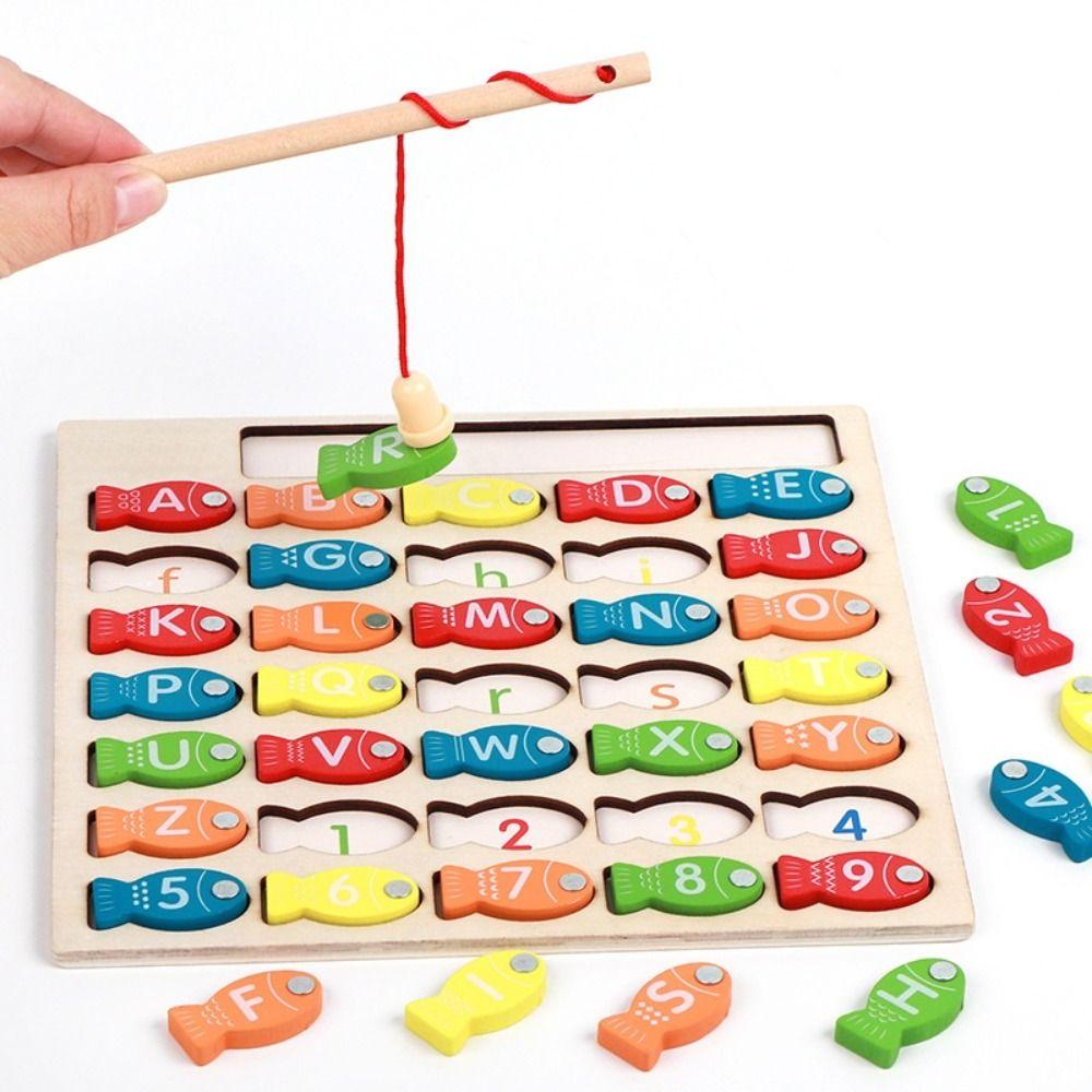 Wooden Kids Fishing Toys Early Educational Fishing Game Toy Letter Number Puzzle  Gift For Kids