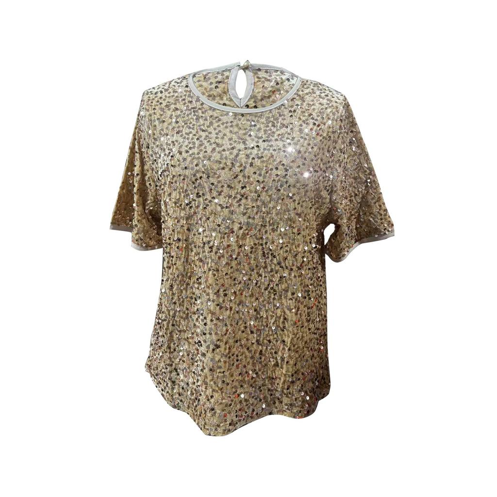 Fashionable Commuting Loose Short-sleeved Round Neck Tops For Women With Sequined T-shirts