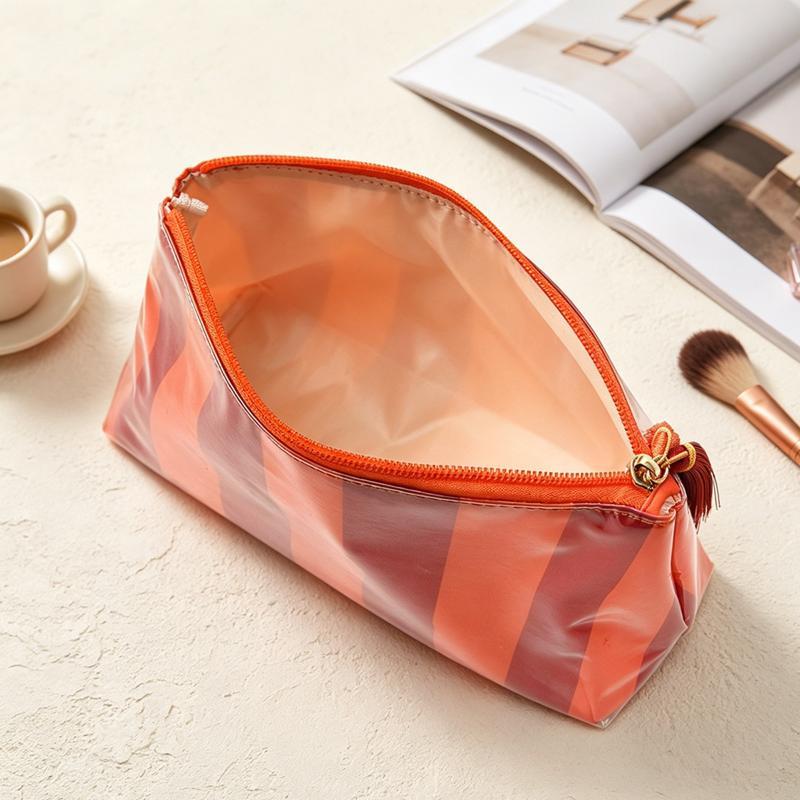 Pvc Striped Cosmetic Bag Makeup Bag With Fringe And Zipper Waterproof Travel Toiletry Bag Makeup Brush Case