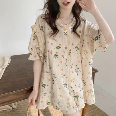 Conjunto de Pijama de Verão para Senhoras Estilo Princesa Coreano Ins de Mangas Curtas com Pequenas Flores Doce Estudantes Solto Roupa de Casa