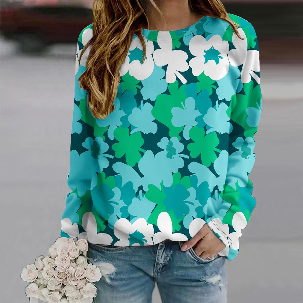 Herbst Herbst Damenmode O Hals Langarm T-Shirt lose Kleidung grüne Blumen Druck T-Shirt für Mädchen Straße