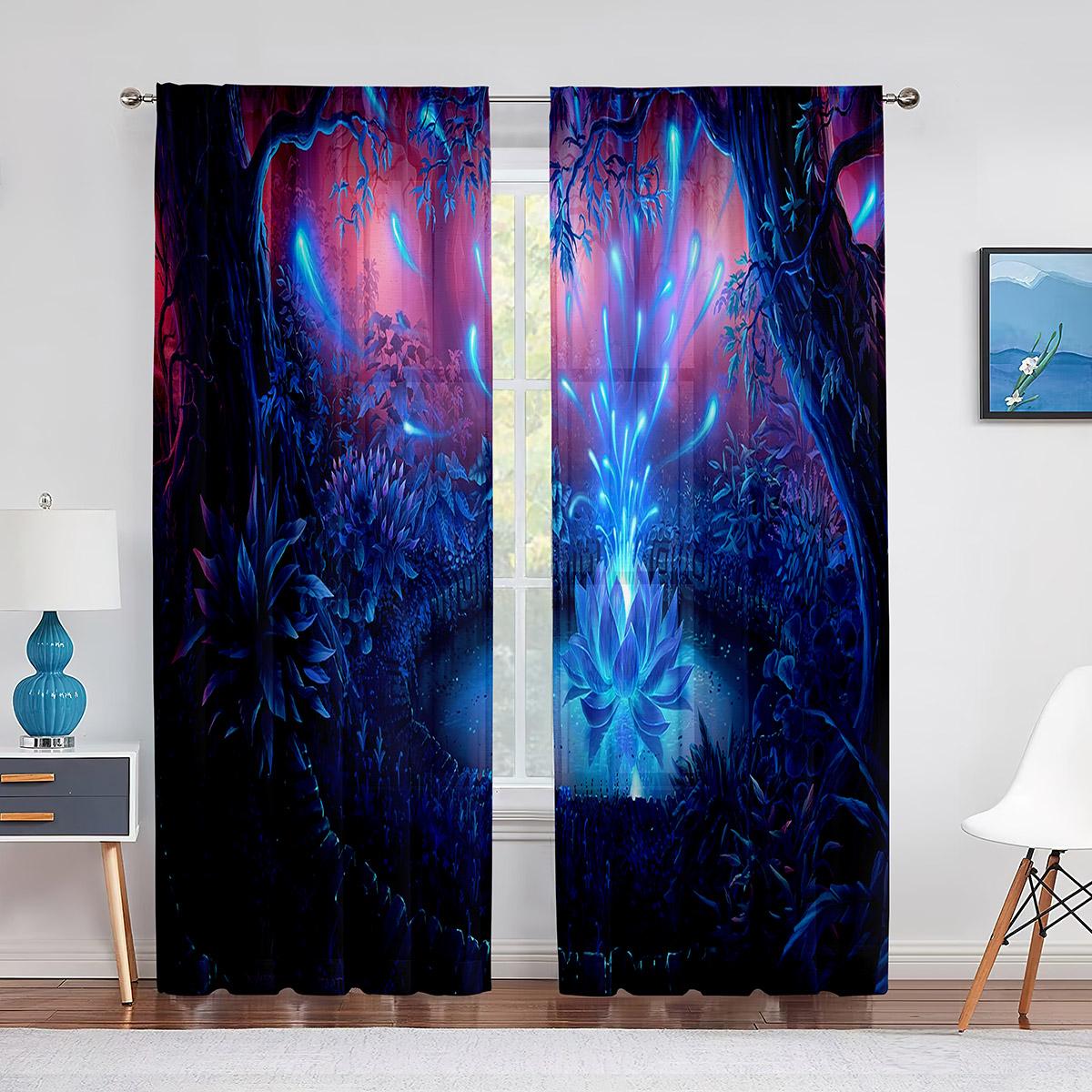 

Фэнтезийный Зачарованный Зеленый Лес, прозрачная вуаль, занавеска с грибами и цветочным принтом, тюлевые шторы для гостиной, спальни, кухни, декор 1 PCS W100XH250cm&Grommet Top