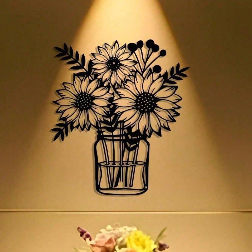 Meticulously 3 Chrysanthemums In Vase Minimalist Metal Wall Art - Modern Home Decor For Bedroom, Living Room, Or Bathroom.