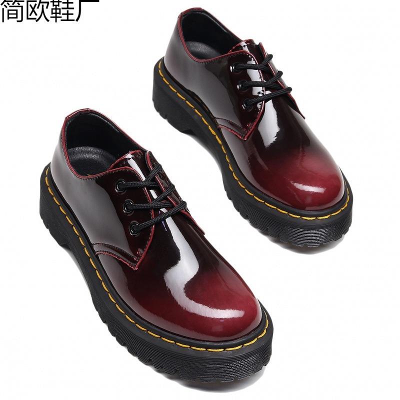 1 thick bottom hole small leather shoes female, low top leather discoloration red round head casual student medium thick loose