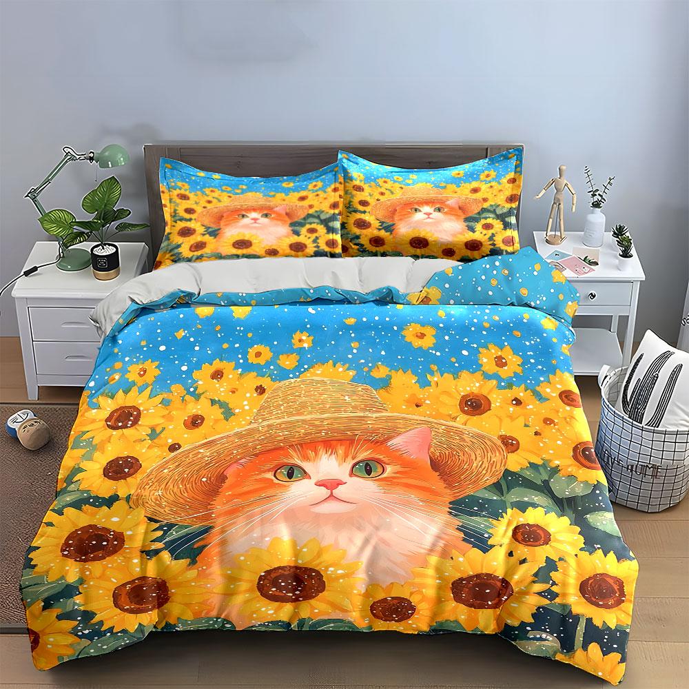 Sunflower Cat Decorative Set Soft Skin-Friendly Bedding Set Includes 1 Duvet Cover And 2 Pillowcase Gift
