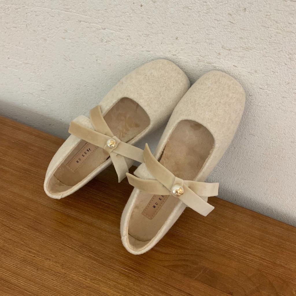 Fan Gui ~ zarter kleiner Duft von Mary Jane Schuhen Winter Retro Innenhöhe 4CM Schleife Perle Einzelner Schuh Frau