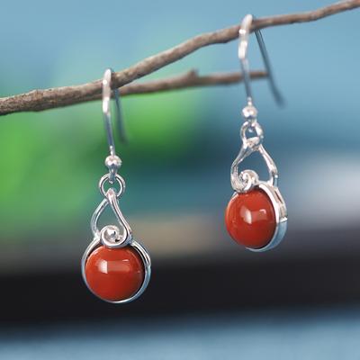 Retro Palace Style Design 925 Silver Earrings Inlaid with South Red Agate Gemstone Ancient Clothing Hanfu Temperament Earrings Stud