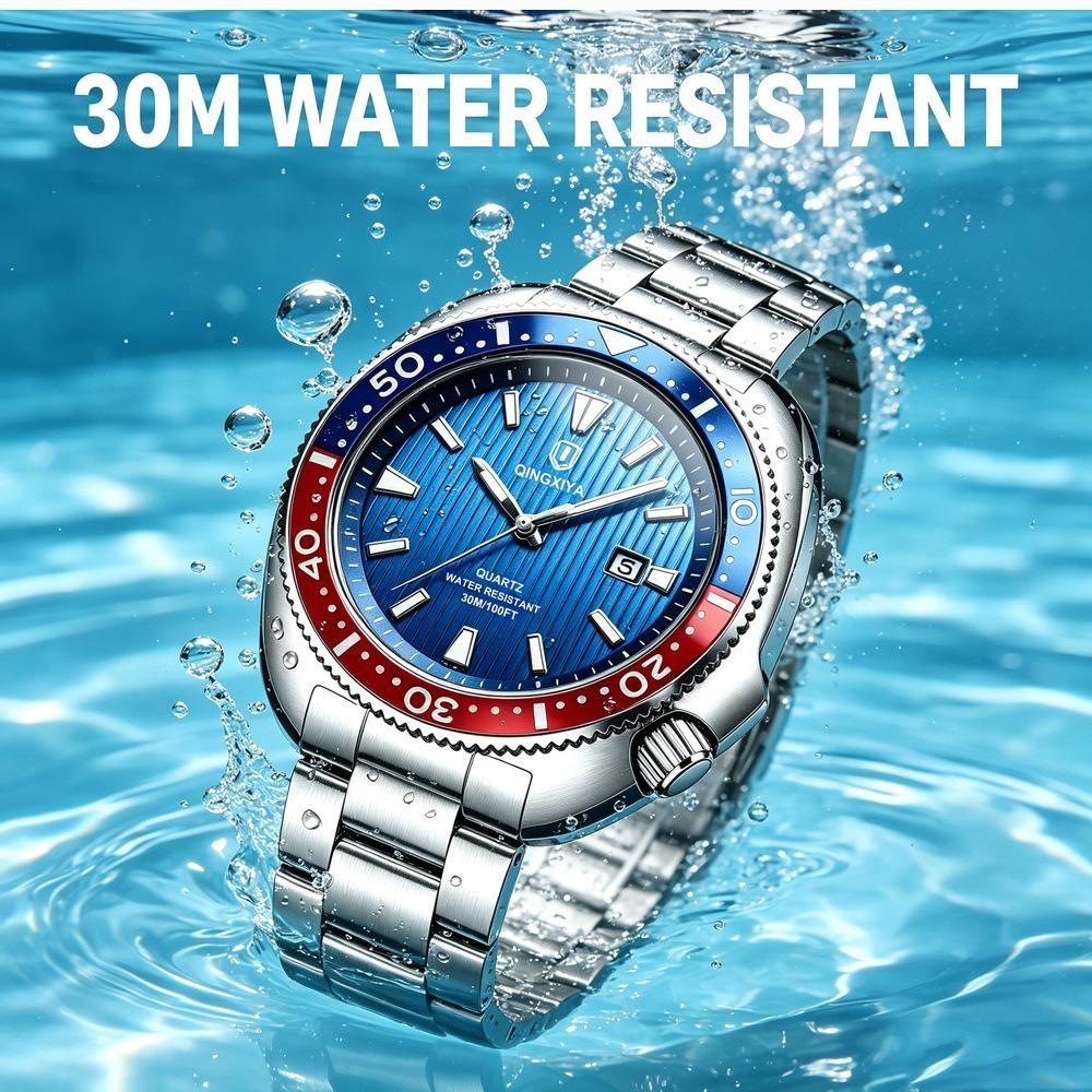 Business Mens Analog Watches Wateproof Diving Watch Luminous Dial Steel Band Daily Calendar Quartz Watch