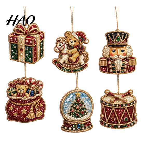 Festive Resin Rhinestone Ornaments 6 Pcs Christmas DIY Faux Pearl Painting Kit Ornaments, Art Decorative for Dormitories Tree Hanging Decoration with