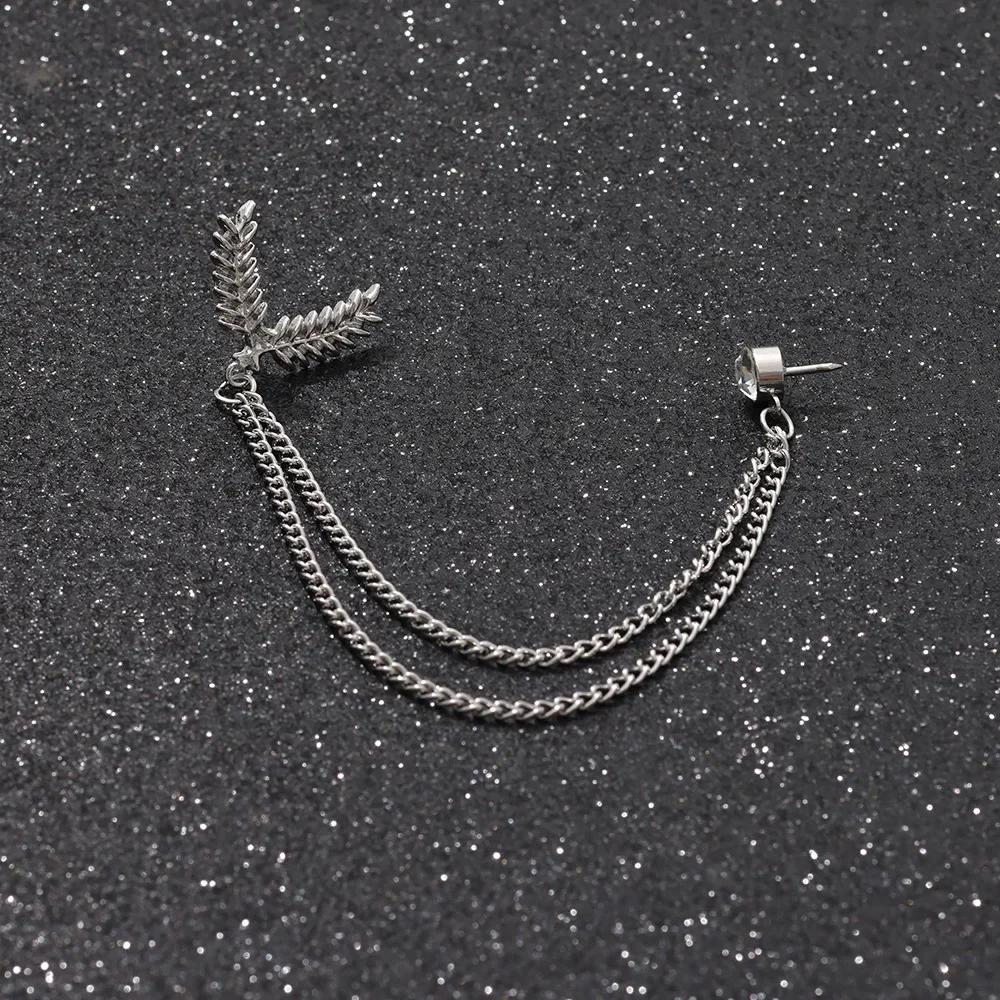 British Style High-end Maple Leaf Brooch with Rhinestone Chain Fashion Vintage Tassel Badge Lapel Pin for Men's Suit Accessories