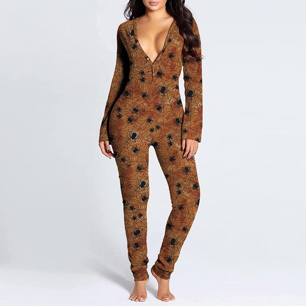 Women's Button-Down Halloween Print Functional Buttoned Flap Adults Jumpsuit