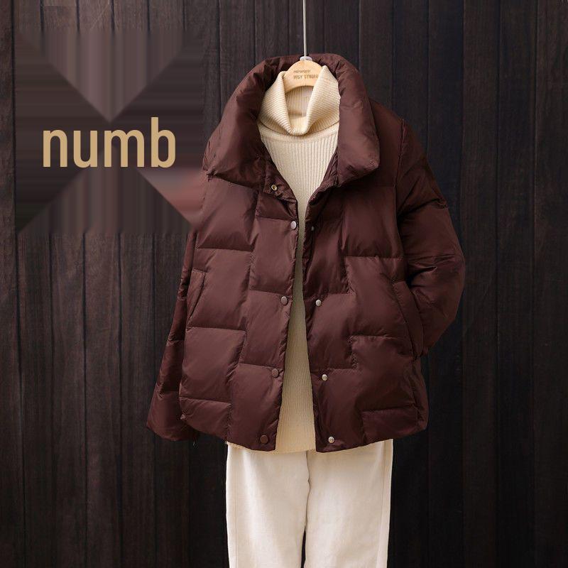 Women's Petite White Duck Down Short Jacket - Fashionable Stand-up Collar, Autumn/Winter, Loose Bread Style, Warm Coat.