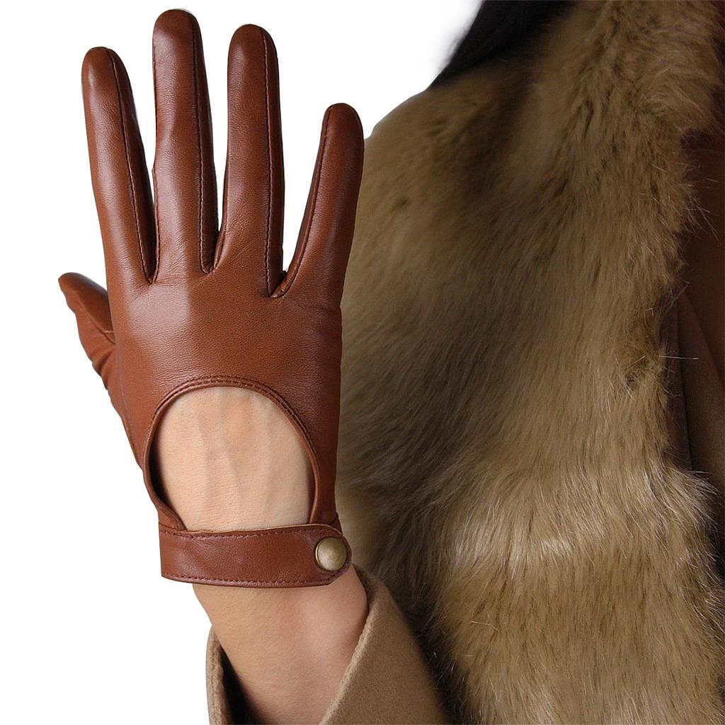 Women's Brown Leather Gloves Motorcycle Driving Short Wrist Hallow Back Button Closure TECH Genuine Sheepskin Glove Cosplay