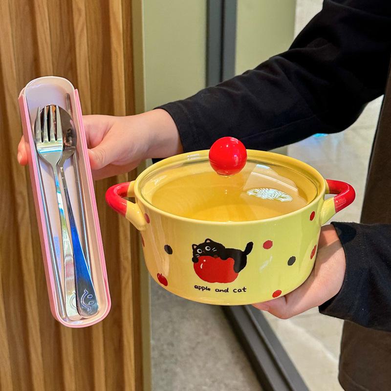 Cute Polka Dot Cat Instant Noodle Bowl Fruit Salad Dessert Bowl Student Dormitory Instant Noodle Bowl Girl Birthday Gift