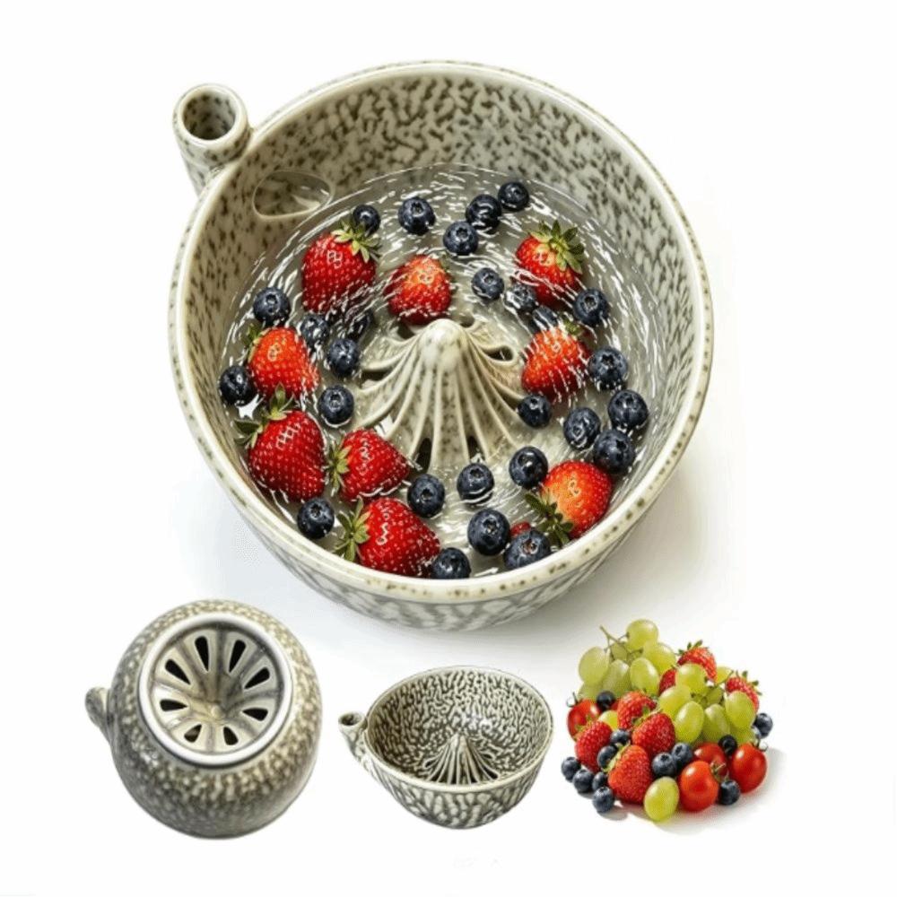 Ceramic Material Fruit Vegetable Colander Beige Self Rotating Bowl Berry Washing Bowl Home Kitchen