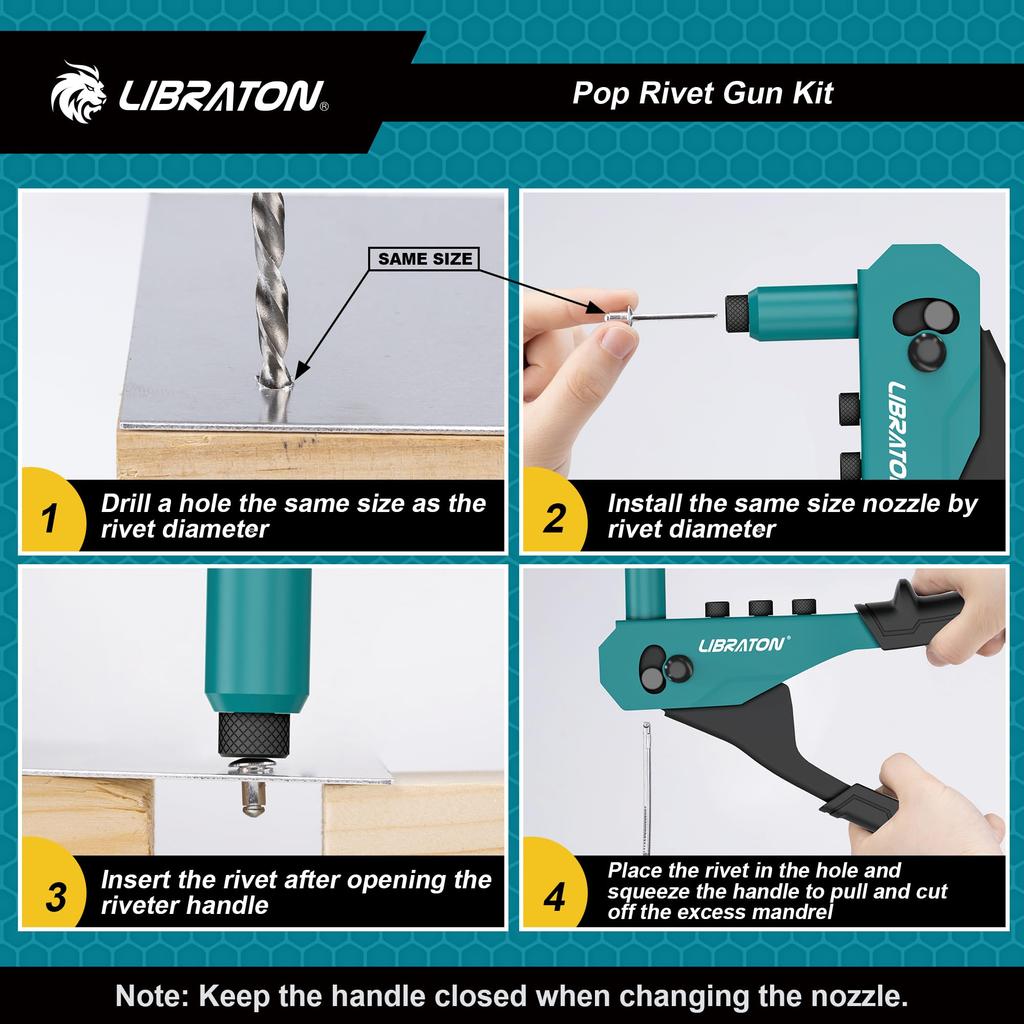 LIBRATON Hand Riveter Includes 120 Blind 4 Drill and 4 Toolless Nose Riveting Tool Set Set, Rivets, Bits, Pieces,