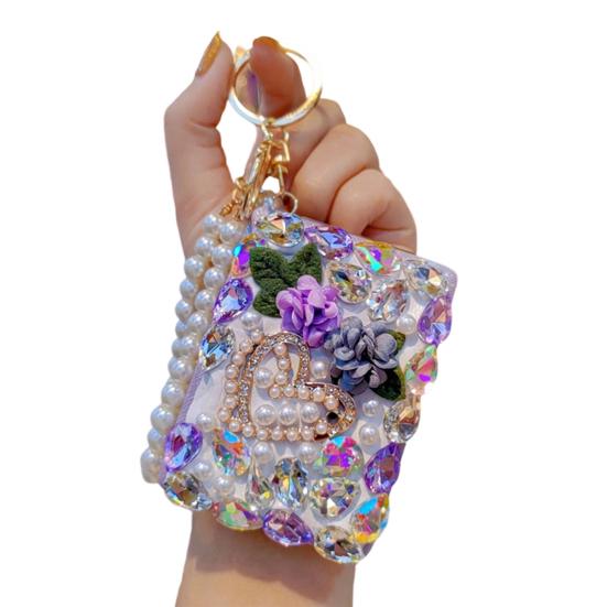 Брелок-зеркало со стразами, блестящее складное зеркальце для макияжа, брелок-подвеска, сумочка-браслет с бусинами, брелок для ключей автомобиля, кошелька, сумки, рюкзака, аксессуары фиолетовый