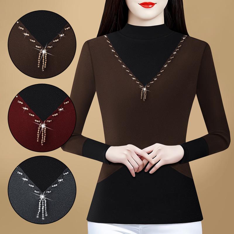 2024 Winter Korean Style Slim Fit Color Block Thick Double-Sided Cashmere Turtleneck Base Layer