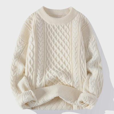 Men's European & American Style Cable Knit Sweater - Casual, Versatile, Solid Color, Round Neck Pullover