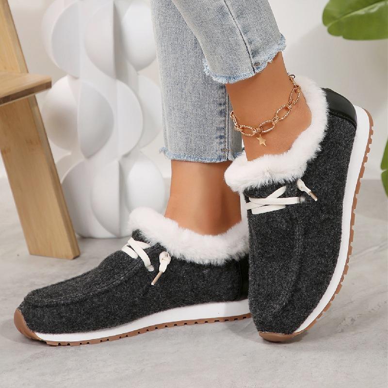 Autumn and Winter New Large Size Cotton Shoes Women's Flat Bottom Round Head Fluffy Mouth Velvet Warm Women's Shoes