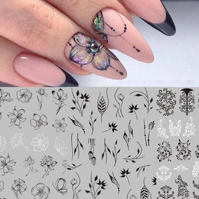 1 Folha Adesivo 3D para Unhas Folha Tropical Adesivo para Nail Art Flor Preta Adesivos de Unhas Borboleta Rosa Decalques Adesivos