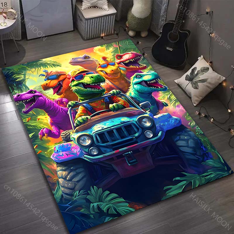 A Group of Dinosaur Cars Print Cartoon Carpet for Bedroom Living Room Bedside Sofa Floor Mat Modern Home Decor Area Rug
