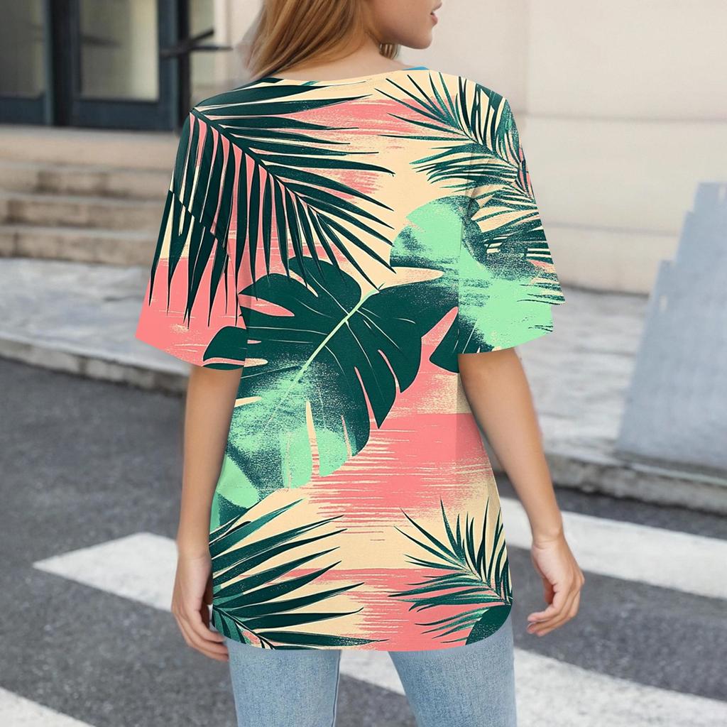 Damen T-Shirt mit Aufdruck und Knopfleiste, kurzärmelig, für den Alltag, Wochenendmode, Basic, V-Ausschnitt, normales Oberteil