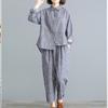 Spring Summer Ladies Suits Women Turn-down Collar Long Sleeve Button Patchwork Shirt Elastic Waist Striped Pockets Haren Pants