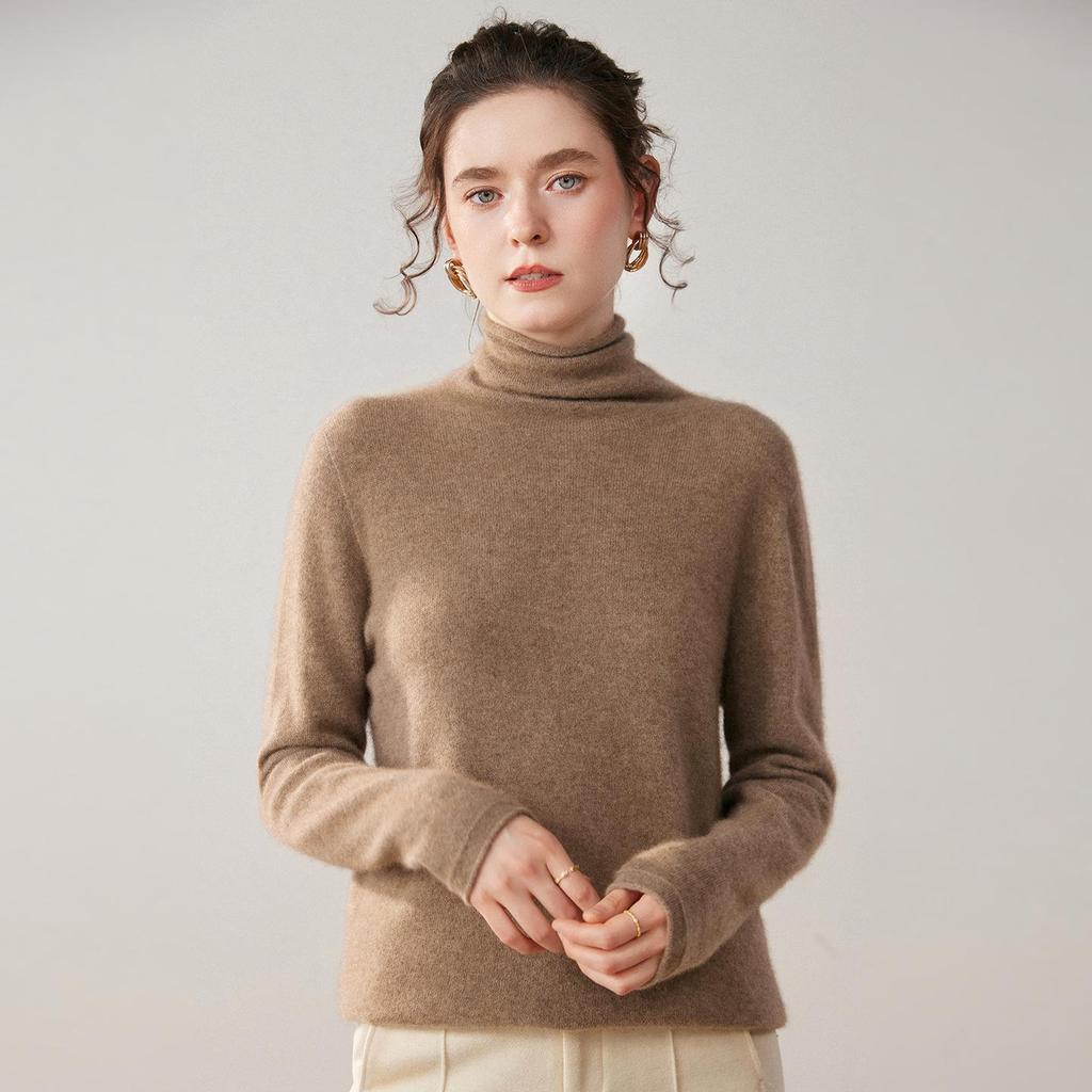 Women's Solid Color Cashmere Knit Sweater with Stacked Collar