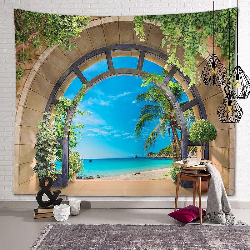 New Landscape Tapestry Tree Hole Window Beautiful Wall Cloth Green Forest  Background Painting
