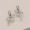 Korean Silver Color Pearl Bowknot Hoop Earrings for Women Minimalist Asymmetric Bow Earrings Wedding Jewelry Valentine Gift