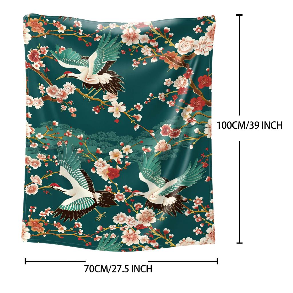 Japanese Crane & Floral Print Throw Blanket - Vintage Japandi Pattern Soft Lightweight Accent for Sofa Bed Travel Office