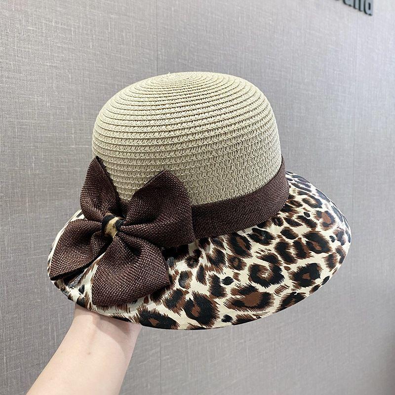 Bow Leopard Print Fisherman Hat for Women Traveling and Vacationing Woven Grass Breathable Sun Protection Basin Hat