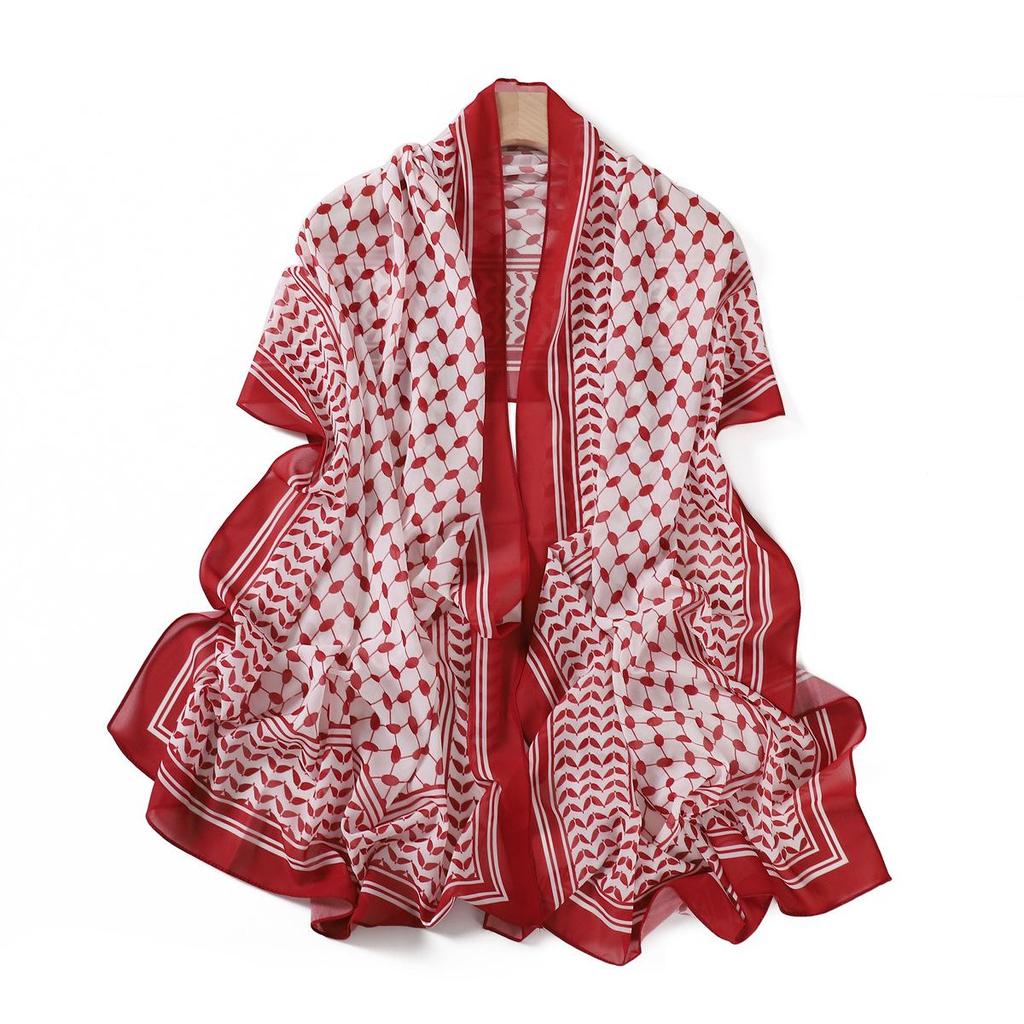 Arabic Pearl Chiffon Desert Hijab: Long Printed Silk Scarf & Sunscreen Headscarf