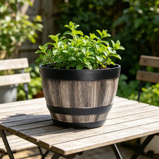 Flowerpot with Built-In Drainage System Rustic Barrel Style Decorative Garden Planter